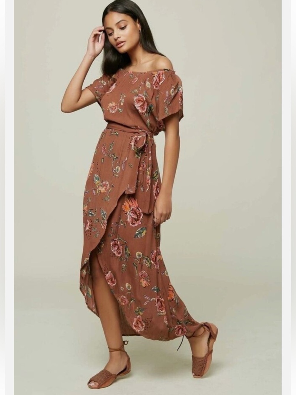O'Neill Conners Off The Shoulder Midi Dress Large Women's Floral Brown Tie